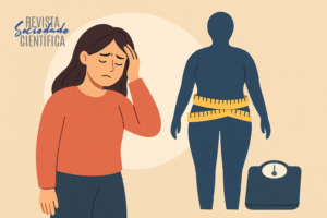 Ilustração de mulher preocupada ao lado de silhueta com fita métrica e balança, simbolizando a relação entre emagrecimento e saúde mental.