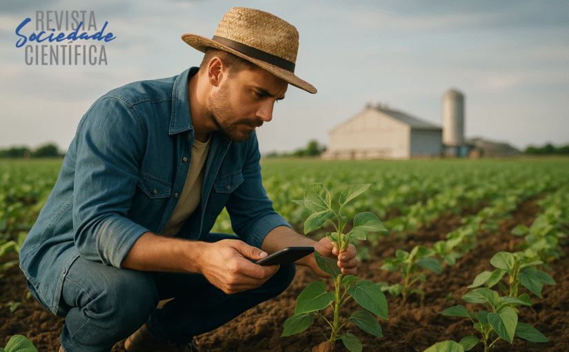 Agricultor analisando planta em campo de cultivo sustentável com uso de tecnologia para fertilizantes verdes.