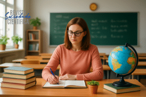 Professora em sala de aula escrevendo em caderno sobre a mesa, ao lado de livros, um globo terrestre e um vaso de planta, com lousa verde ao fundo.
