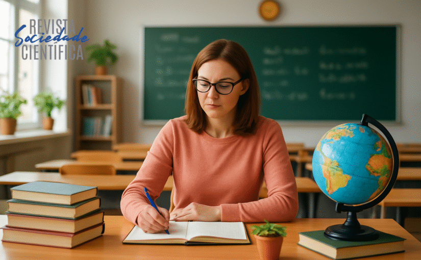 Professora em sala de aula escrevendo em caderno sobre a mesa, ao lado de livros, um globo terrestre e um vaso de planta, com lousa verde ao fundo.