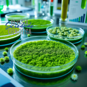 Microalgas e cianobactérias em cultura de laboratório para tratamento de efluentes de biodiesel, destacando o potencial para bioremediação.