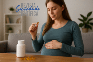 Grávida segurando cápsula de ômega-3, simbolizando os efeitos da suplementação no período embrionário para o neurodesenvolvimento.