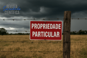 Cerca de arame farpado em área rural com placa de "Propriedade Particular", simbolizando a proteção da propriedade rural prevista na Constituição Federal.