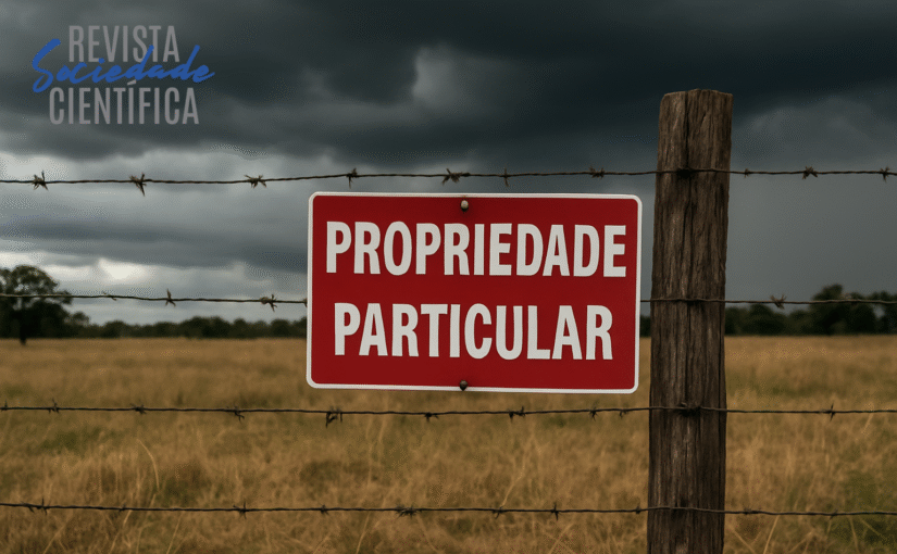 Cerca de arame farpado em área rural com placa de "Propriedade Particular", simbolizando a proteção da propriedade rural prevista na Constituição Federal.