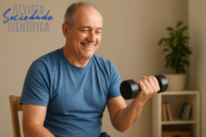 Homem realizando treinamento resistido com halter durante reabilitação da doença de Parkinson, expressando satisfação com o exercício.