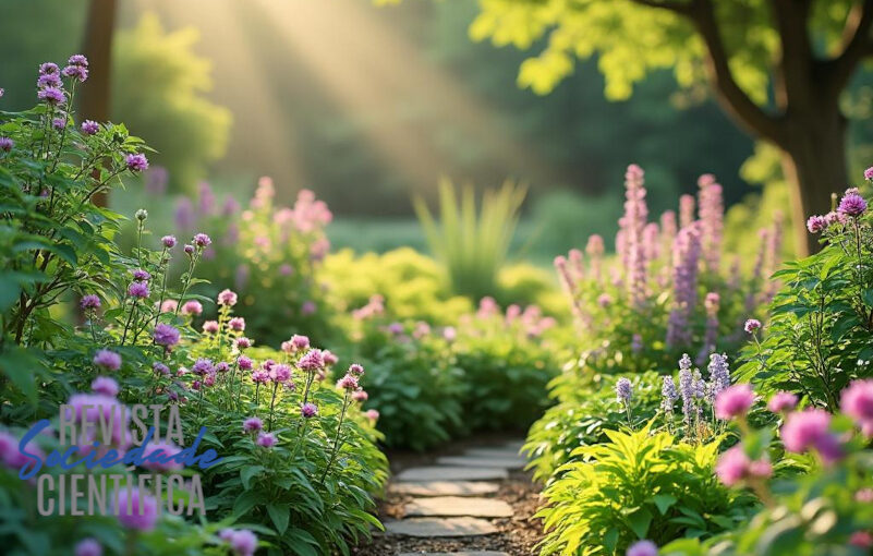 "Jardim tranquilo simbolizando os benefícios da amamentação prolongada, com plantas vigorosas e luz solar suave filtrando entre as árvores, representando o desenvolvimento imunológico saudável."
