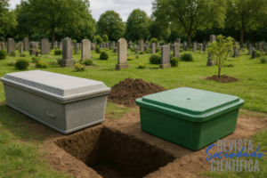 Cemitério verde com caixão sustentável e caixa de contenção, representando inovações para cemitérios sustentáveis no Brasil.