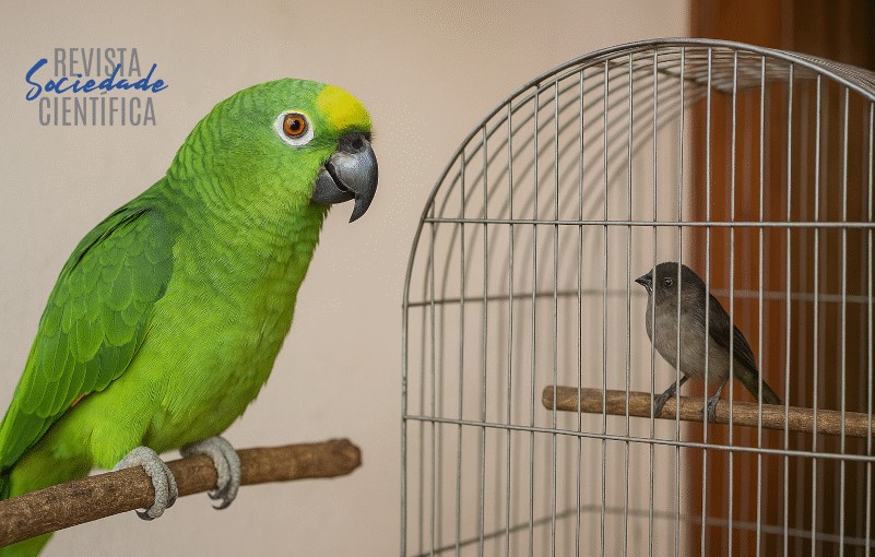 Papagaio e pequeno pássaro em gaiola simbolizam a criação ilegal de animais silvestres no Acre, destacando o impacto cultural e ambiental da prática.