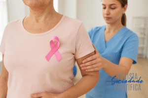 Profissional de saúde realiza fisioterapia no braço de mulher em recuperação do câncer de mama, simbolizando reabilitação e qualidade de vida.