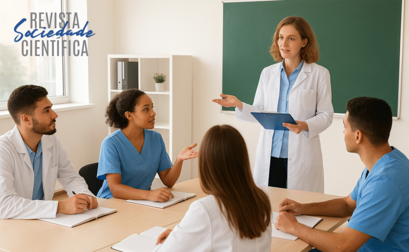 Professora conduz aula com estudantes de saúde utilizando metodologias ativas em sala de aula universitária iluminada e colaborativa.