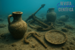 Artefatos arqueológicos submersos, como ânforas e âncoras antigas, repousando no fundo do mar, representando o patrimônio subaquático histórico.