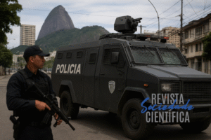 Viatura blindada da polícia posicionada em rua do Rio de Janeiro, com o Pão de Açúcar ao fundo, representando o contexto urbano da segurança pública.
