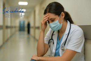 Profissional de saúde sentado em corredor hospitalar, com expressão pensativa e máscara facial, representando o luto não reconhecido e o sofrimento silencioso de quem cuida.