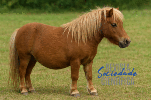 Mini-horse castanho em campo verde, representando estudo sobre nanismo em cavalos e causas genéticas identificadas por pesquisadores brasileiros.