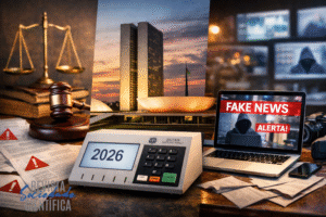 Composição visual simbolizando o vácuo da lei da imprensa no Brasil, a desinformação digital e os desafios do jornalismo nas eleições de 2026, com Congresso Nacional, urna eletrônica e alerta de fake news.