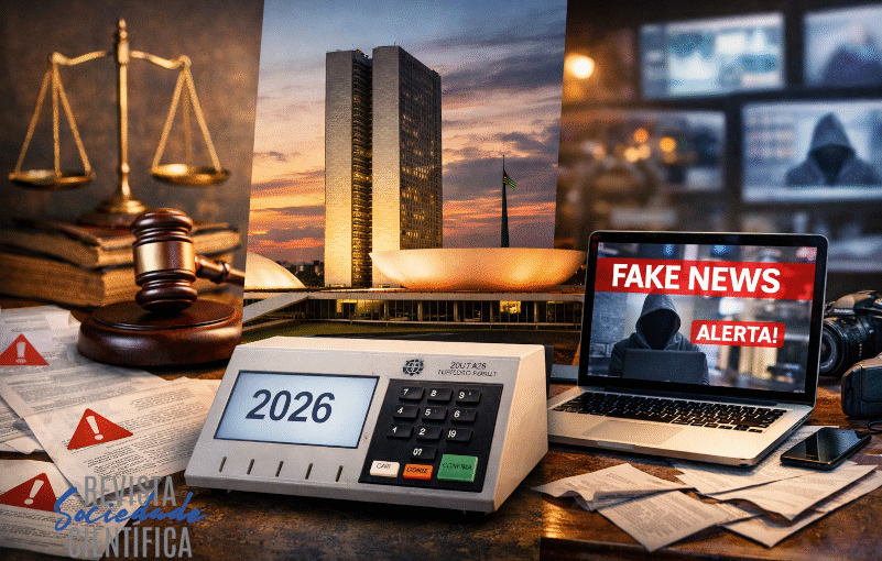 Composição visual simbolizando o vácuo da lei da imprensa no Brasil, a desinformação digital e os desafios do jornalismo nas eleições de 2026, com Congresso Nacional, urna eletrônica e alerta de fake news.